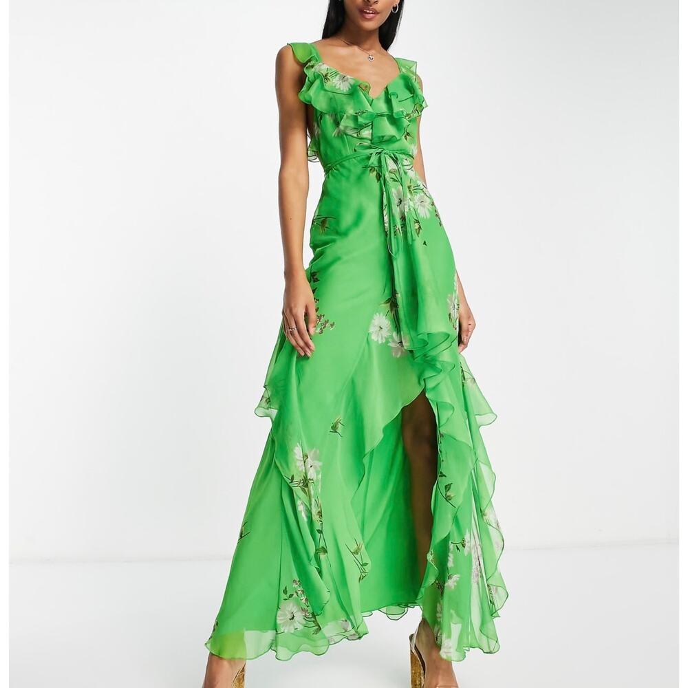 Asos Design Blue Ruffle Trim Dipped Hem Maxi Dress US Size 4 - Picture 12 of 14
